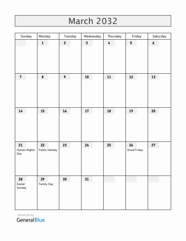 South Africa March 2032 Calendar with Holidays