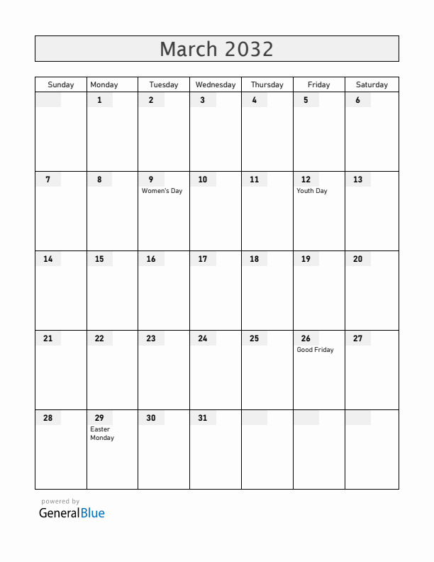 Zambia March 2032 Calendar with Holidays