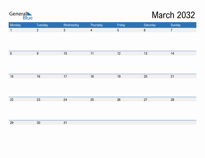 Fillable Calendar for March 2032