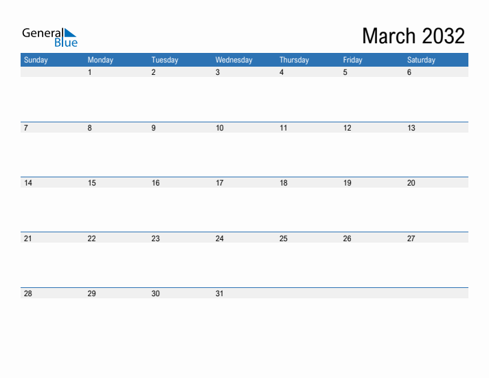 Fillable Calendar for March 2032