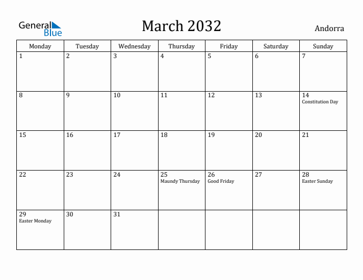 March 2032 Calendar Andorra