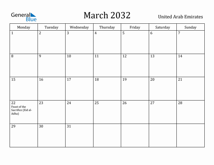 March 2032 Calendar United Arab Emirates