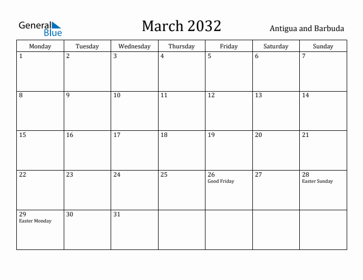 March 2032 Calendar Antigua and Barbuda
