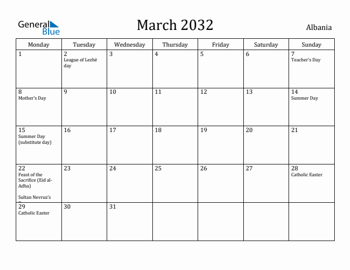 March 2032 Calendar Albania