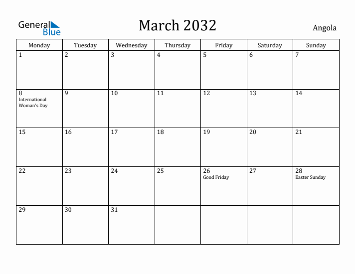 March 2032 Calendar Angola