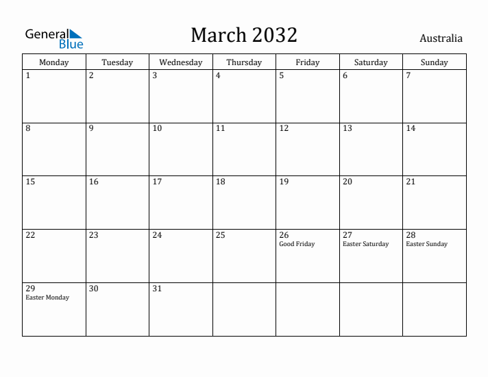 March 2032 Calendar Australia