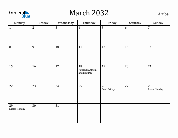 March 2032 Calendar Aruba