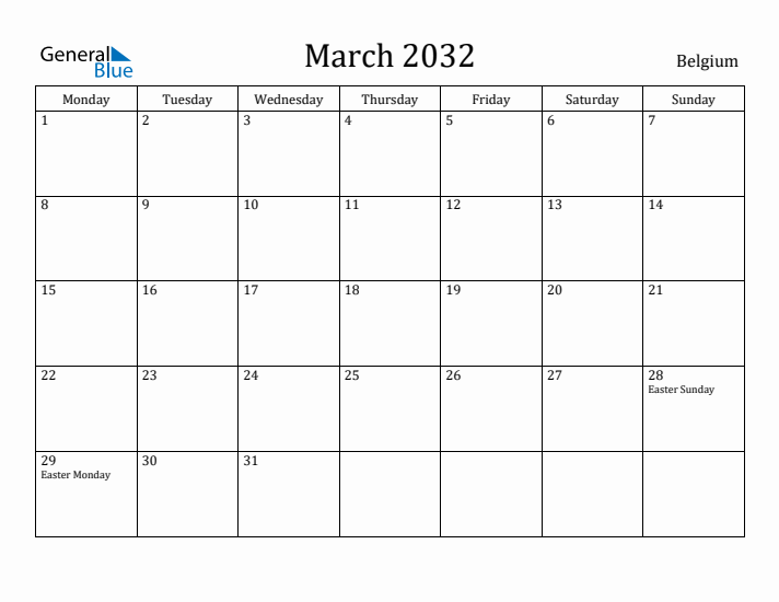 March 2032 Calendar Belgium