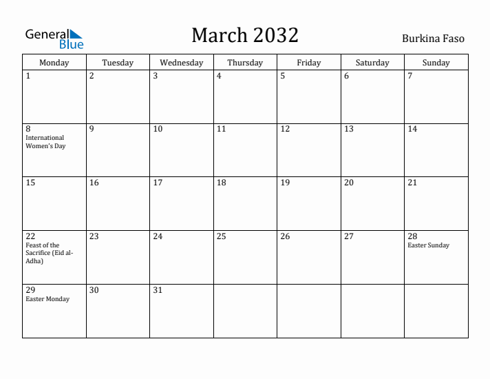 March 2032 Calendar Burkina Faso