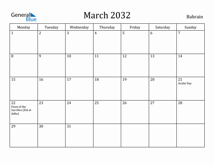 March 2032 Calendar Bahrain