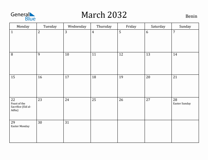 March 2032 Calendar Benin