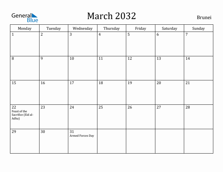 March 2032 Calendar Brunei