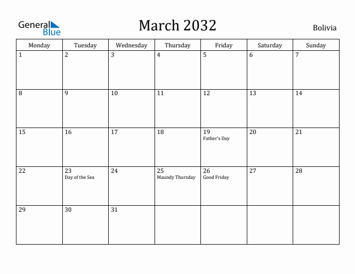 March 2032 Calendar Bolivia