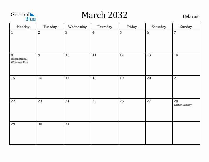 March 2032 Calendar Belarus