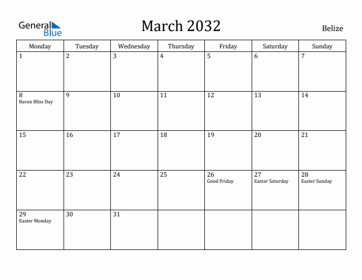 March 2032 Calendar Belize