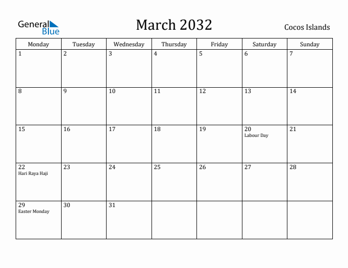 March 2032 Calendar Cocos Islands