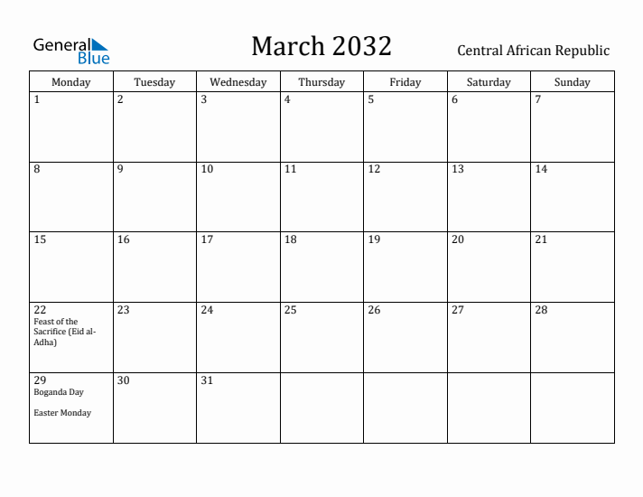 March 2032 Calendar Central African Republic