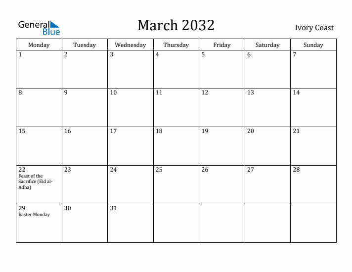 March 2032 Calendar Ivory Coast