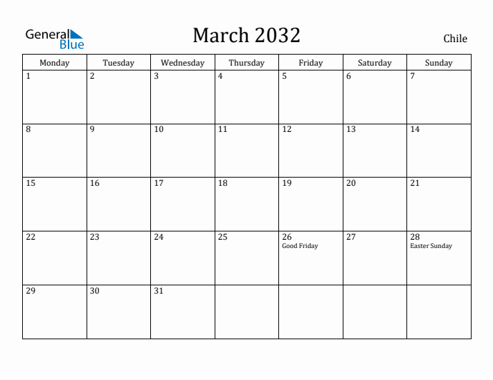 March 2032 Calendar Chile