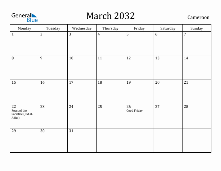 March 2032 Calendar Cameroon