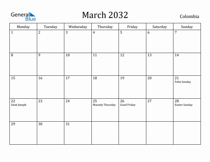 March 2032 Calendar Colombia
