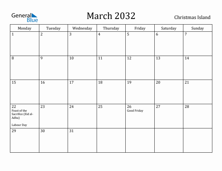 March 2032 Calendar Christmas Island