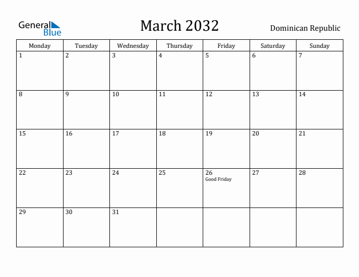March 2032 Calendar Dominican Republic