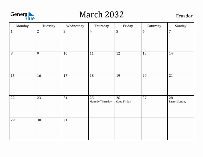 March 2032 Calendar Ecuador