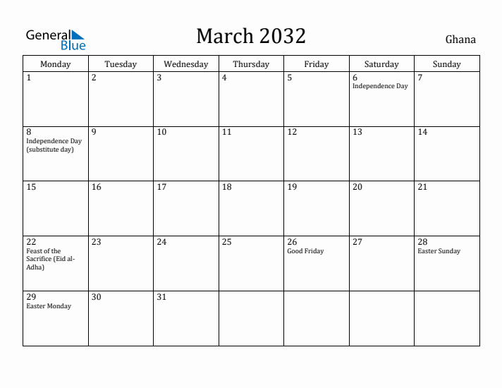 March 2032 Calendar Ghana