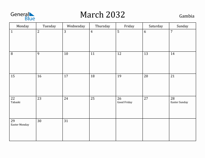 March 2032 Calendar Gambia