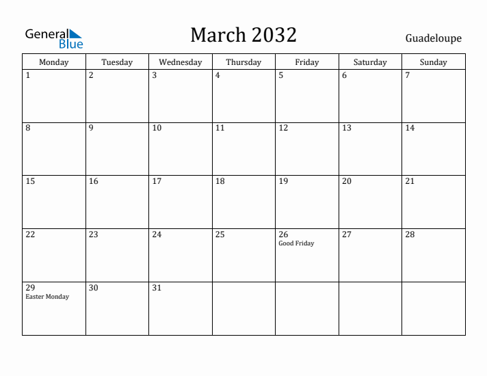 March 2032 Calendar Guadeloupe