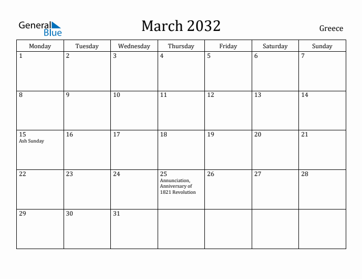 March 2032 Calendar Greece
