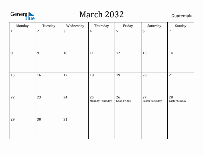 March 2032 Calendar Guatemala