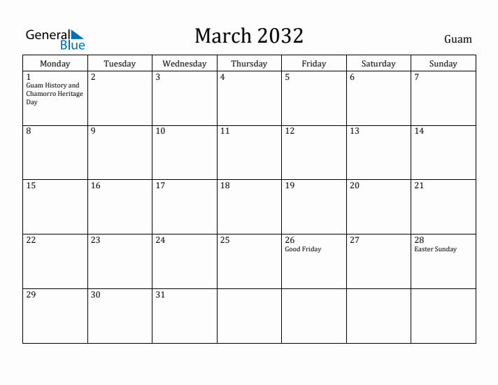 March 2032 Calendar Guam