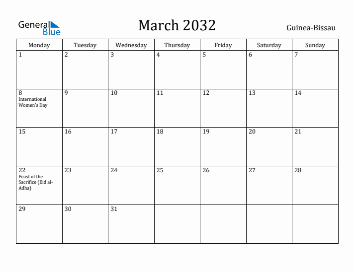 March 2032 Calendar Guinea-Bissau