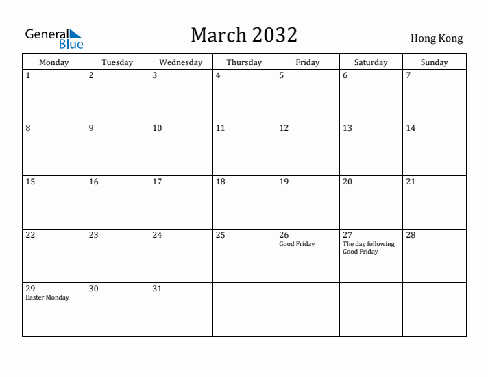 March 2032 Calendar Hong Kong