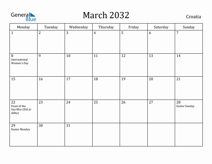 March 2032 Calendar Croatia