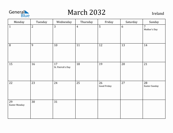 March 2032 Calendar Ireland