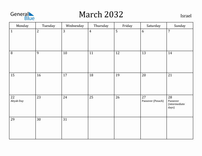 March 2032 Calendar Israel