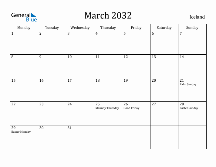 March 2032 Calendar Iceland