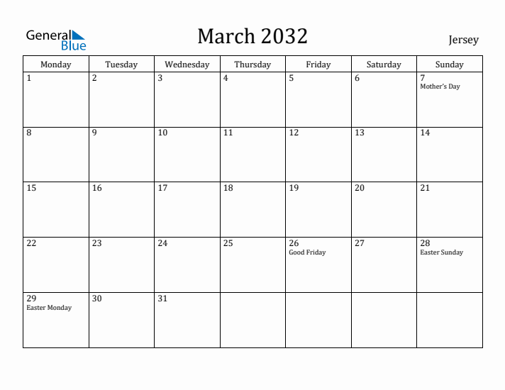 March 2032 Calendar Jersey