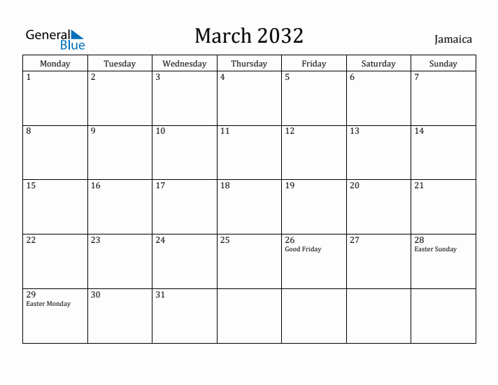 March 2032 Calendar Jamaica