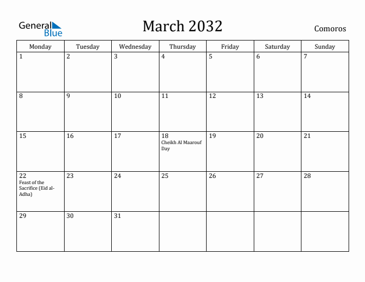 March 2032 Calendar Comoros