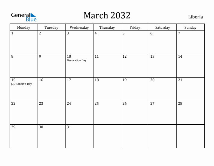 March 2032 Calendar Liberia