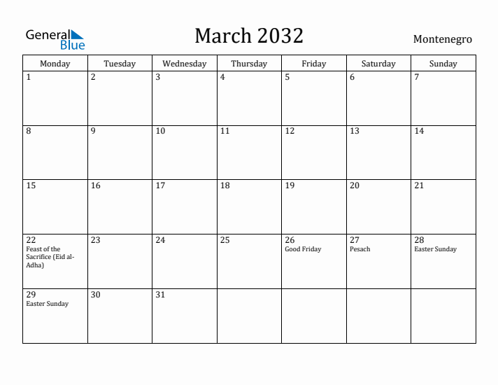March 2032 Calendar Montenegro