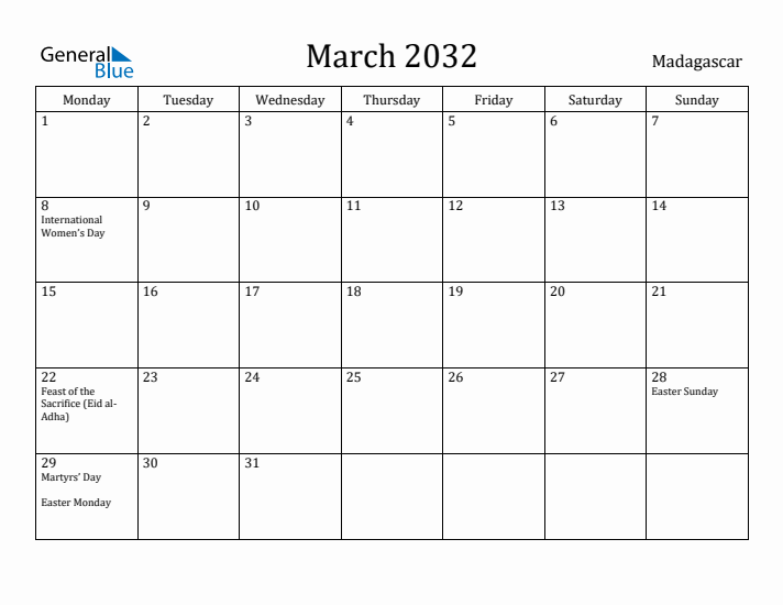 March 2032 Calendar Madagascar