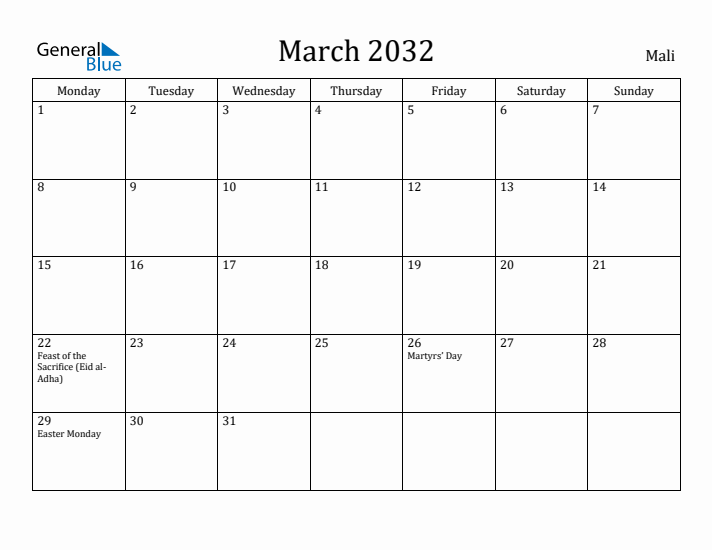March 2032 Calendar Mali