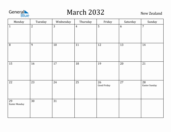 March 2032 Calendar New Zealand