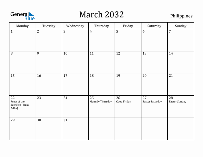 March 2032 Calendar Philippines