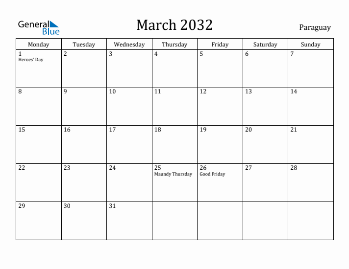 March 2032 Calendar Paraguay